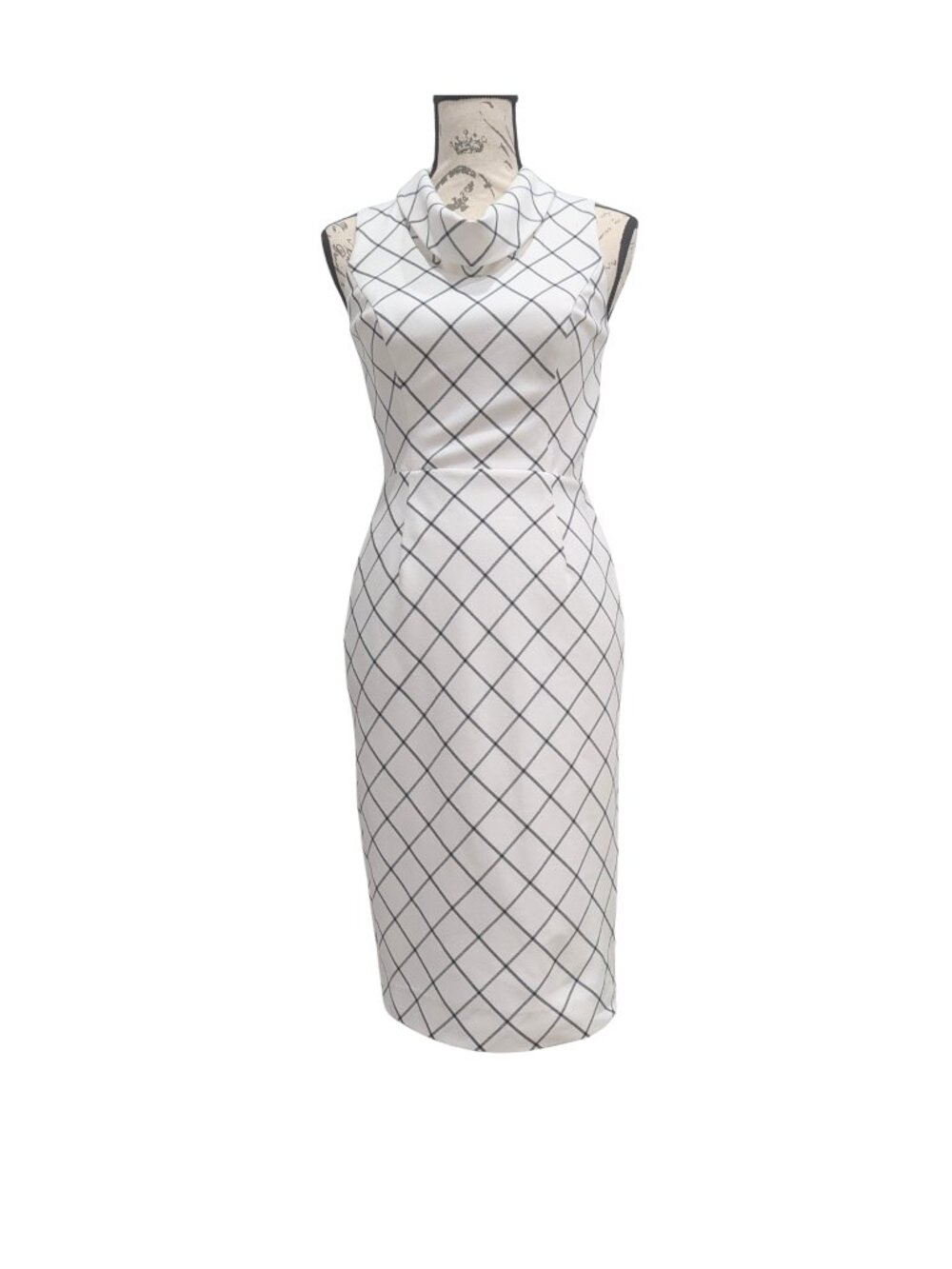 White House Black Market Windowpane Sheath Dress 0 XS Cowl Neck Sleeveless Lined - Picture 2 of 9